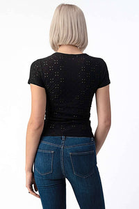 Crew Neck Knit Eyelet Short Sleeve Tee