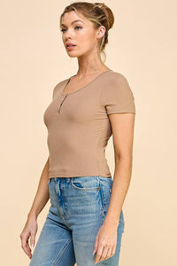 Short Sleeve Henry Button Detail Top
