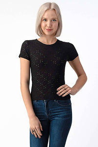 Crew Neck Knit Eyelet Short Sleeve Tee